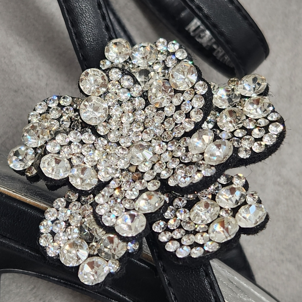 Azalea Wang Dress Sandals 9 Black Leather Njema Beaded Flowers Pointy New $100 - Picture 10 of 16